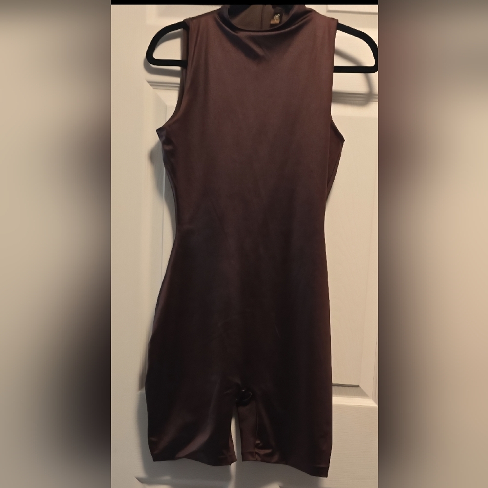 SKIMS - Sleeveless Mock Neck Satin Brown Romper Deep Brown